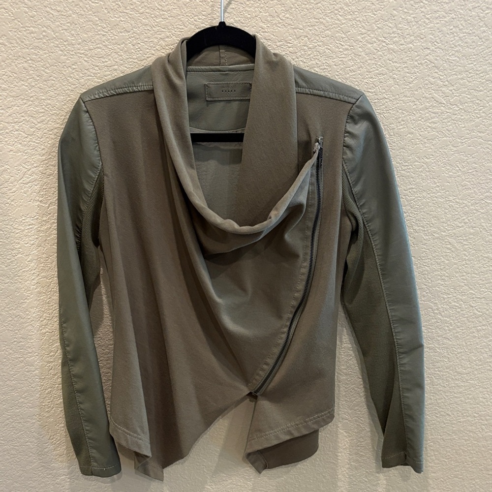 Blank NYC Olive Draped Open-Front Jacket with Leather-Trim Sleeves - Picture 6 of 6